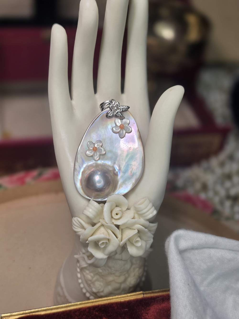 Designer Mother Of Pearl Shell And Mabe Pearl Sterling Silver Pendant Signed LUC